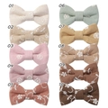 Selection guide of ten embroidered cotton bow hair clips in various earthy pastel colors - Mixed Color Assortment