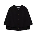 Detail of black knit poncho cardigan featuring amber-toned buttons and ribbed texture - S / Black