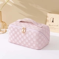 Pink checkerboard pattern makeup bag in PU leather with convenient top handle and dual zippers - Sakura Pink