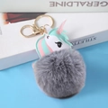 Detail of grey fluffy faux fur unicorn keychain with colorful PU leather horn and gold clip - 8cm Medium Grey Unicorn / Matching -- Silver Figure-eight Lobster Buckle