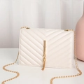Beige V-quilted small square bag with golden tassel pendant and metal chain strap - Chevron Quilt / White