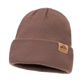 Winter rib-knit dark brown beanie cap with stylish mountain embossed leather patch - Coffee