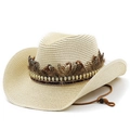 Chapeau de cowboy ethnique en paille avec plumes et crânes pour le camping - Beige