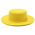 Detail of bright yellow flat top boater hat featuring woven texture and skinny leather belt - M (56-58cm) / Yellow