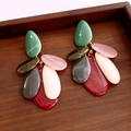 Artistic layered drop earrings with resin stones in olive green and burgundy red - 42# Multi-color - Art Resin (Silver Earring Post)