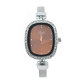 Detail shot of oval rose gold quartz watch with silver mesh band and rhinestone bezel - Coffee