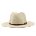 Cappello da sole in paglia beige classico con fascia in pelle marrone e fibbia metallica - Beige