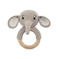 Handmade gray crochet elephant baby rattle with I love mom engraved wooden ring - Elephant