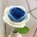 Handmade crochet rose in blue and white gradient with green leaves in a small white vase - Round Leaf Gradient Blue