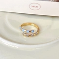 Adjustable gold ring featuring blue enamel V-shape patterns and micro-set cubic zirconia - Adjustable Open / Wrap Blue Enamel Style (J3353)