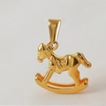 Detailed close-up of a 18k gold-plated rocking horse pendant with fine saddle details - D05-Rocking Horse-Gold