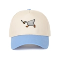 Detailed view of goose with knife embroidery and contrast stitching on cotton baseball cap - Off-white/Light Blue