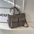 Dark gray corduroy tote bag with dual handles and long shoulder strap for daily commuting - Gray
