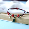 Adjustable red and green braided Christmas bracelet with tree charm and red beads - Rhinestone Pine Tree