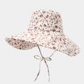 Close-up of floral print patterns and windproof tie on beige wide-brim sun hat - Creamy White Pink Floral (Color 2#)
