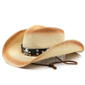 Vintage western cowboy straw hat with gradient weave, skull leather belt and wind rope - M(56-58cm) / Beige Rust Red