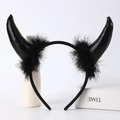 Detailed view of black sequin devil horn headband with feathers for Halloween parties - Black Glossy Horn With Black Feathers