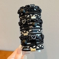 Elastic hair ties set with black and white silk scrunchies and heart charms in a box - 15 Piece Set / Black