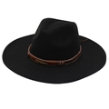 Detail of ethnic embroidery band and golden feather charm on black wide brim fedora hat - Adult (57-60cm) / Black Heart (Gold Feather)