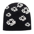 Close-up of the knitted texture and white jacquard floral pattern on a black beanie - M(54-60cm) / Black