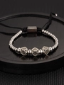 Vintage silver bead bracelet with black zircon crown cubes on a braided adjustable cord - Steel Color Dice Bracelet