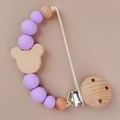 Pacifier clip with purple silicone beads and wooden bear head on beige background - Purple(98#)
