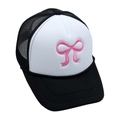 Fashionable black and white trucker hat with pink bow embroidery on the front panel - Adult(56-60cm) / Black+White