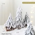 Set of three mini snow-flocked Christmas trees on a natural solid wood base for tabletop - Model B Triple Snow-covered Tree