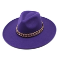 Detailed view of dark purple wide brim fedora with thick gold metal Cuban chain decoration - M(56-58cm) / Purple