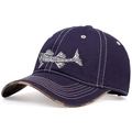 Close-up of fishbone embroidery on navy baseball cap with camouflage under-brim - Adjustable / Navy Blue