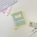 Detail of Korean quilted cotton mini binder pouch with yellow blue plaid and zipper closure - Yellow Green