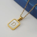 Gold 18K stainless steel square necklace with white shell inlay and letter D pendant - Gold Letter D
