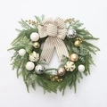 Christmas wreath with cedar branches, gold and silver ornaments and a striped bow - LED Flocking Pine Needle Style (SDHH010-1)