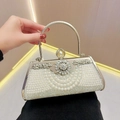 Silver mini rhinestone evening clutch bag with pearl accents and crystal floral clasp - Silver