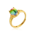 Adjustable gold flower ring with iridescent rainbow cabochon stone and hollow carving - Adjustable Open / Floral Hollow / Gold Rainbow