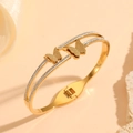 Detail of double-layer gold butterfly bracelet with frosted texture and white crystals - Double Layer Butterfly Inlaid Diamonds (H716)