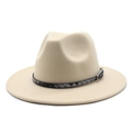 Classic wide brim fedora hat in off-white wool felt with a black braided leather band - M (56-58cm) / Beige