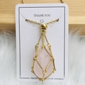Pink teardrop crystal pendant in gold mesh with matching chain on white card - Gold - Rose Quartz