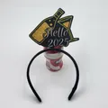 Close-up of Hello 2025 glitter headband with gold wine bottle and glass for New Year party - Style 15-Hello 2025 Gold Black Glitter
