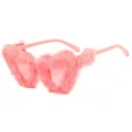 Pink heart-shaped fuzzy sunglasses with soft plush trim and matching tinted lenses - Pink