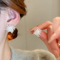 Detail view of silver fireworks stud earrings with zircon on model and hand - 34# Silver Color with Silver Pin