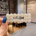 Elegant rectangular hair clip with pearl flower patterns on a golden metal base - 16# Rectangle Flower Pearl Clip / White