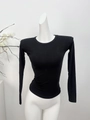 T-shirt noir à manches longues coupe ajustée avec maille côtelée et col rond classique - Noir Doublé de Polaire