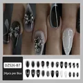 24-piece press-on nails set with black and white gradient, silver bows, and star accents - Jelly Glue Type / DZ526-B7 Dark Starburst