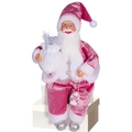 12-inch zittende kerstman in felroze fluweel met zilveren geschenkzak en witte lantaarn - Zittende Kerstman Roze Fluweel Stijl