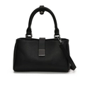 Borsa a mano minimalista in pelle nera con motivo litchi e dettagli in metallo argento - Nero