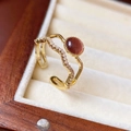 Vintage adjustable gold ring with red-brown cat eye stone and cubic zirconia waves - Double Layer Gold Wave Red-Brown Cat Eye Style