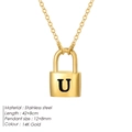 14K gold plated stainless steel padlock necklace featuring an engraved letter U pendant - Letter U Style