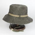 Wide brim washed cotton sun hat in olive green with chin strap and vent holes - Adjustable / Gray