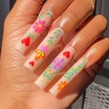 Long square press-on nails with sunflower and heart patterns on nude pink base - Hand Painted Sunflower Heart Matte Style (SGCY-246) / Glue Type